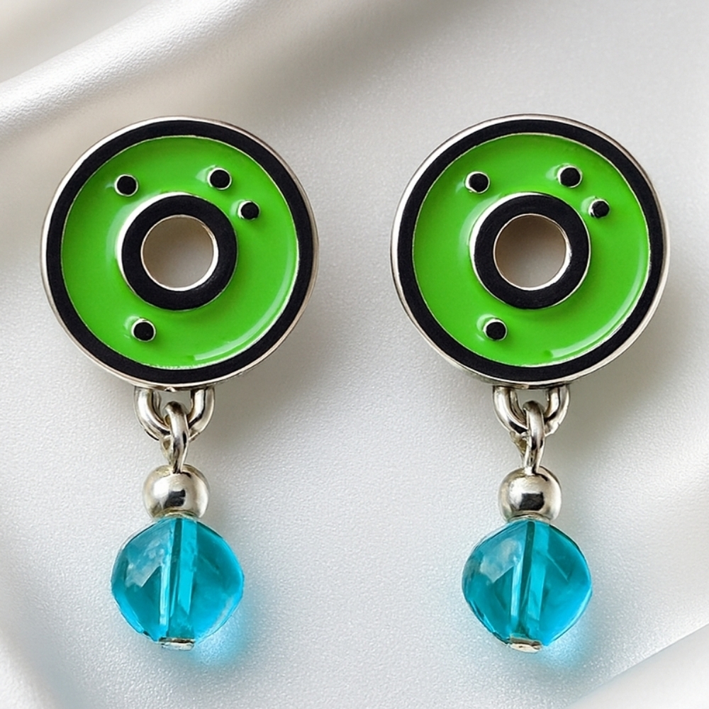 Women's Silver Green Circle Design & Blue Bead 1-in Drop Dangle Earrings Jewelry